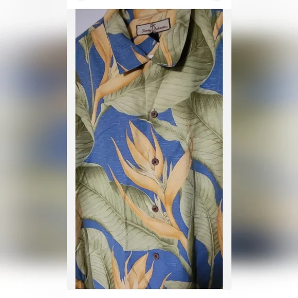 Tommy Bahama 100% Silk Shirt Hawaiian Mens Large L Floral Green Blue Leaf Beach - Picture 5 of 6